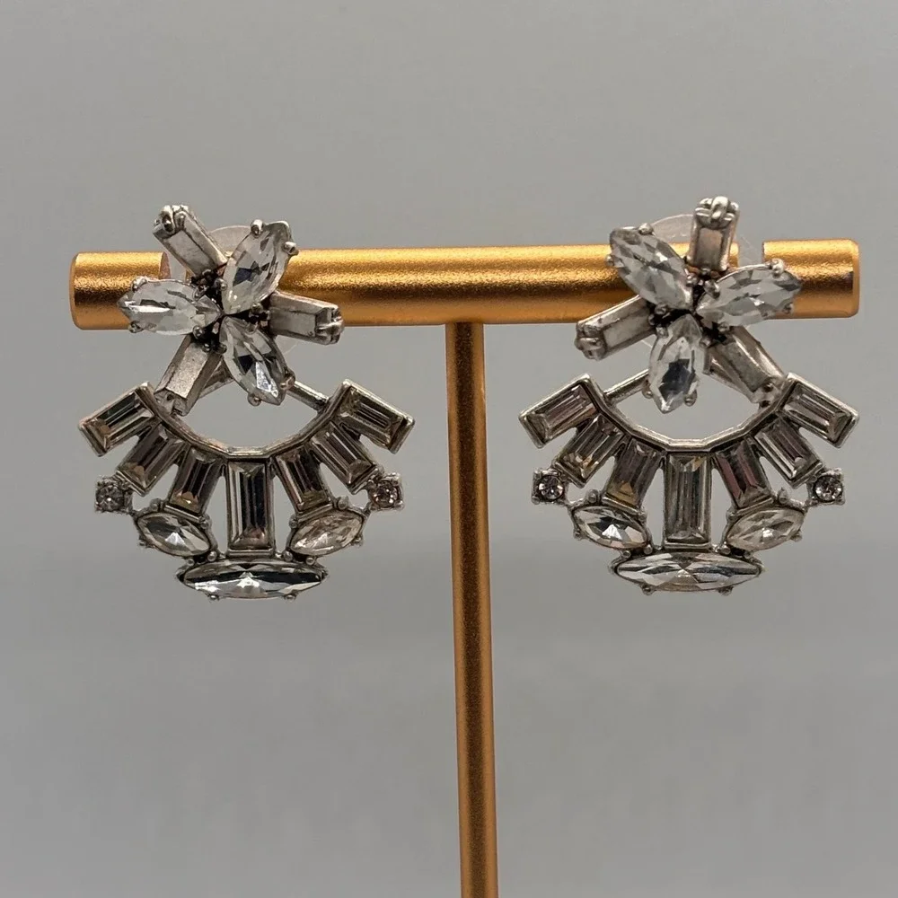 Stella Dot Earrings Fan Shape Crystal Statement Silver‎ Tone Studs Sparkle